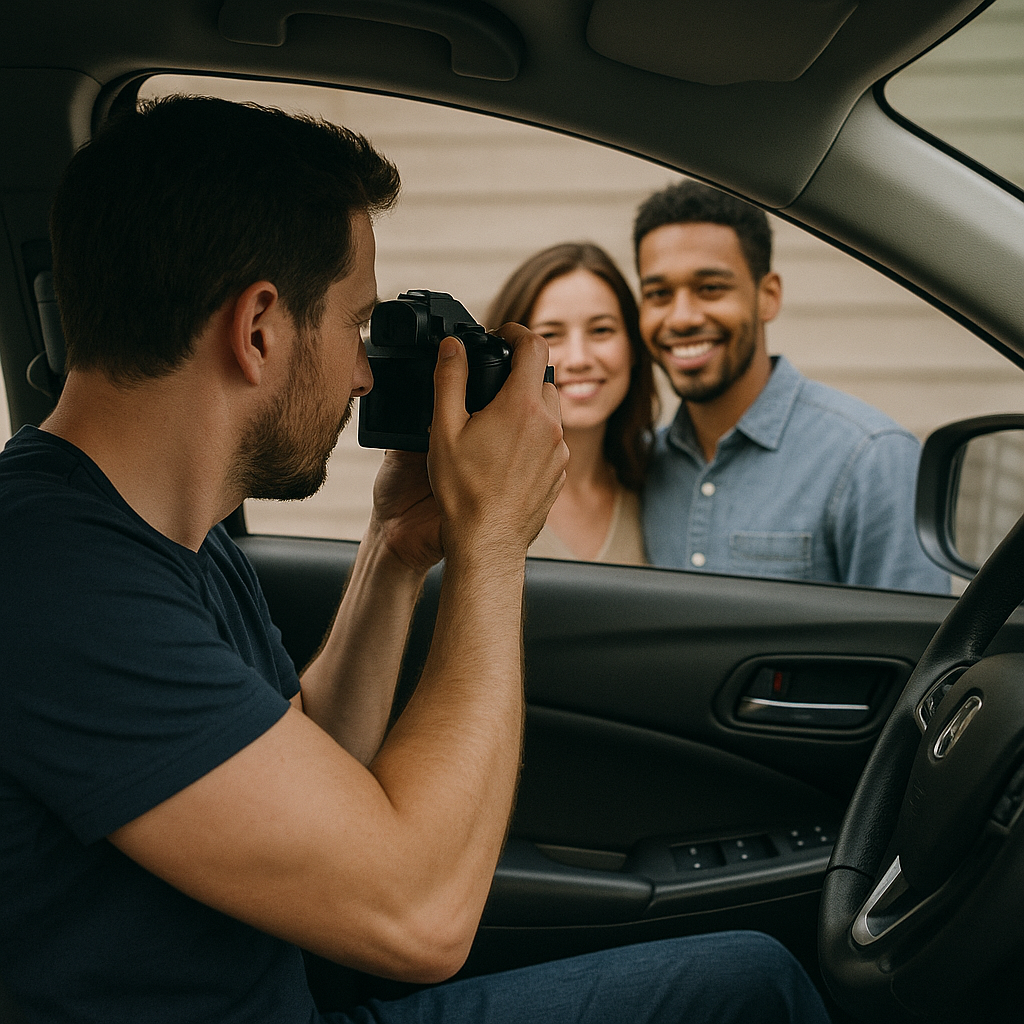 Homem dentro de um carro com uma camera na mão tirando foto de um casal