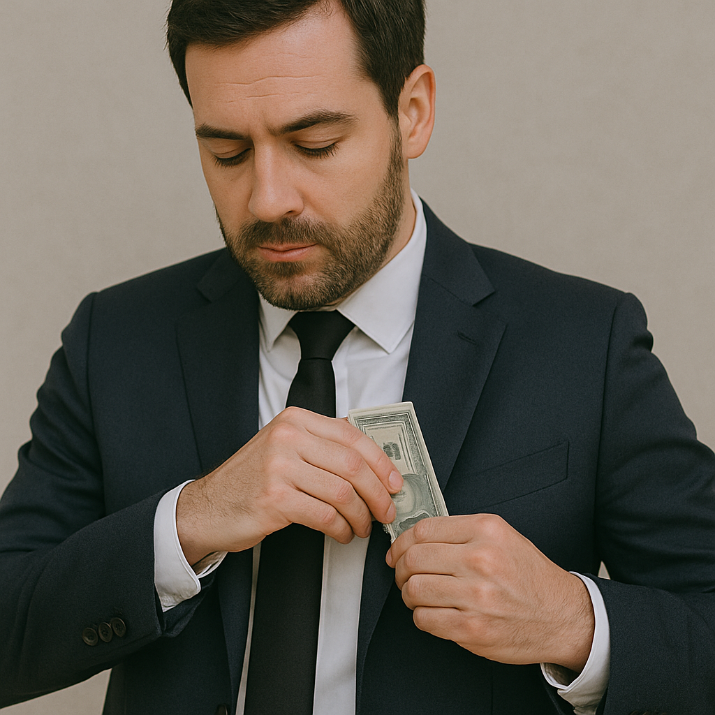 Homem colocando dinheiro no bolso interno do terno