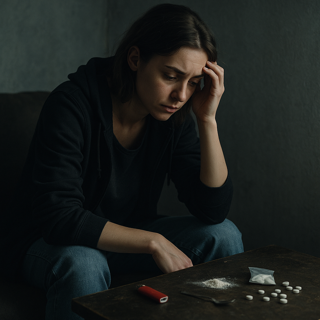 Mulher reflexiva utilizando drogas