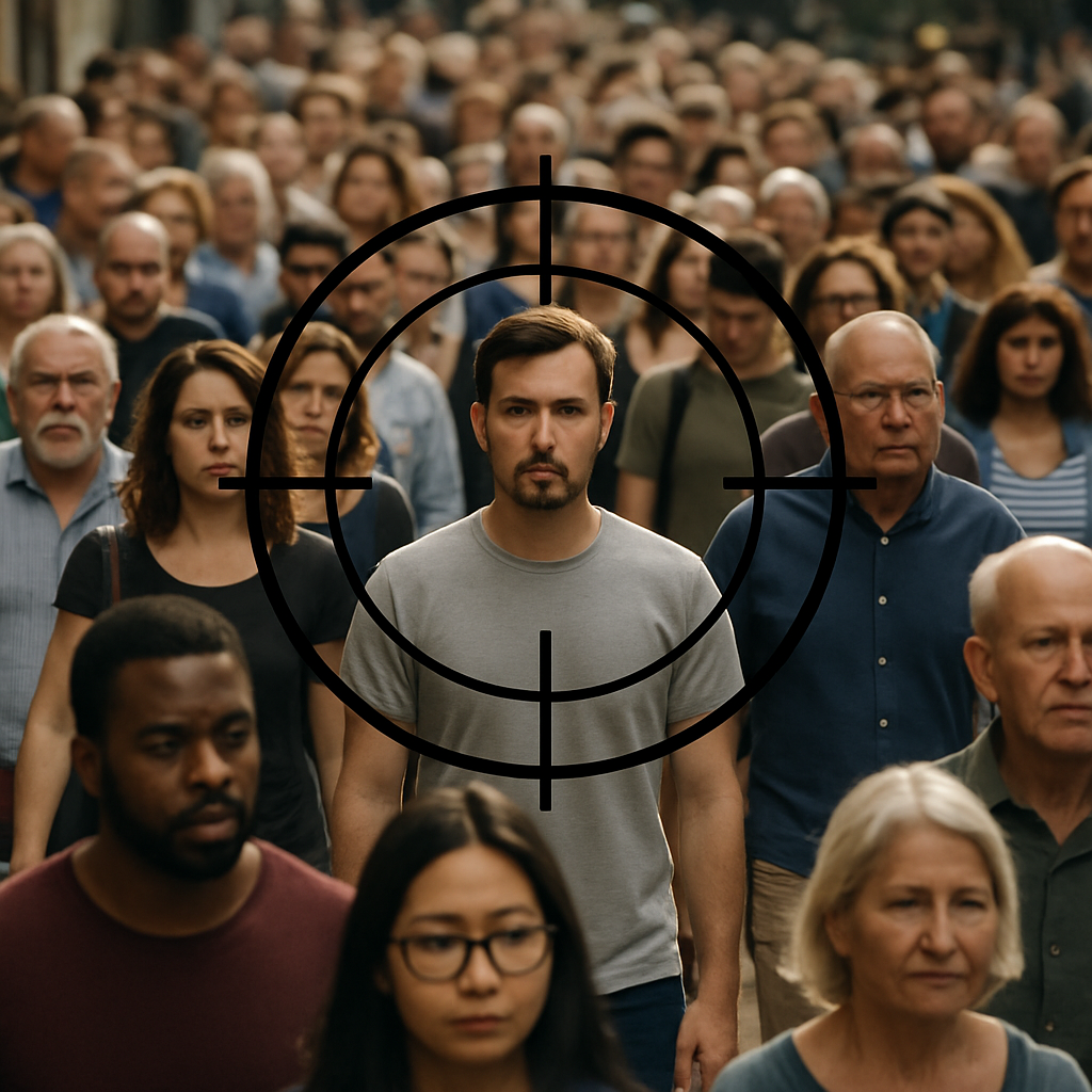 Uma multidão de pessoas e uma mira no centro da imagem focando em uma pessoa
