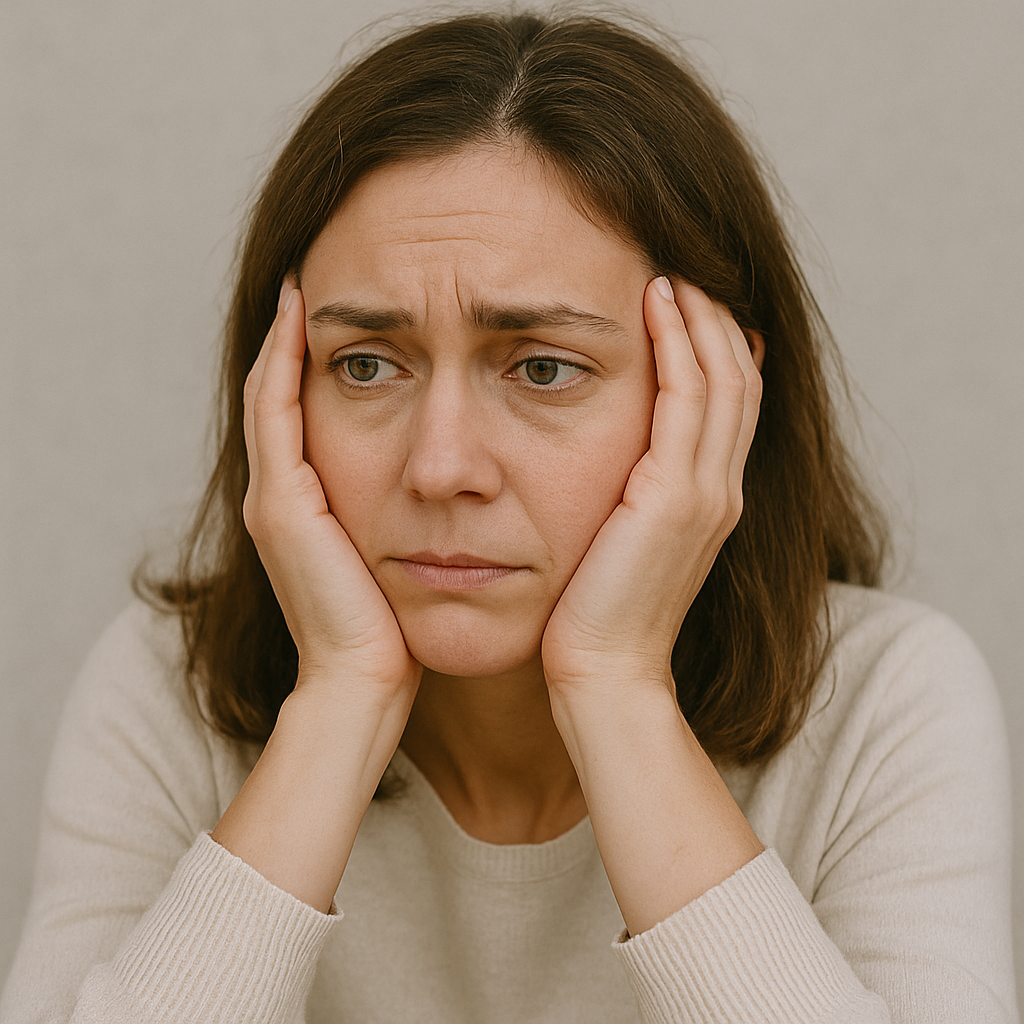 Mulher apreensiva com a cabeça apoiada nas mãos entrelaçadas