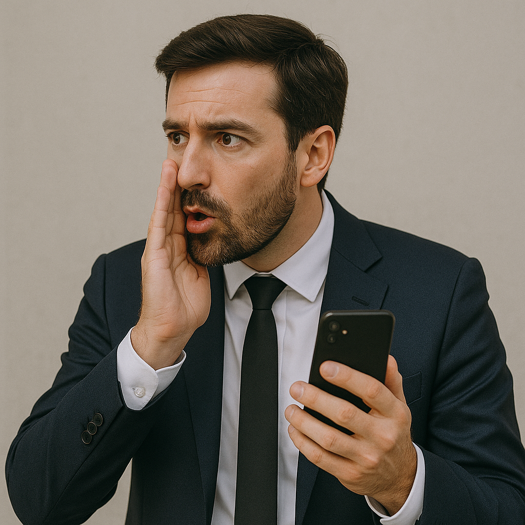 Homem de social com telefone na mão cochichando