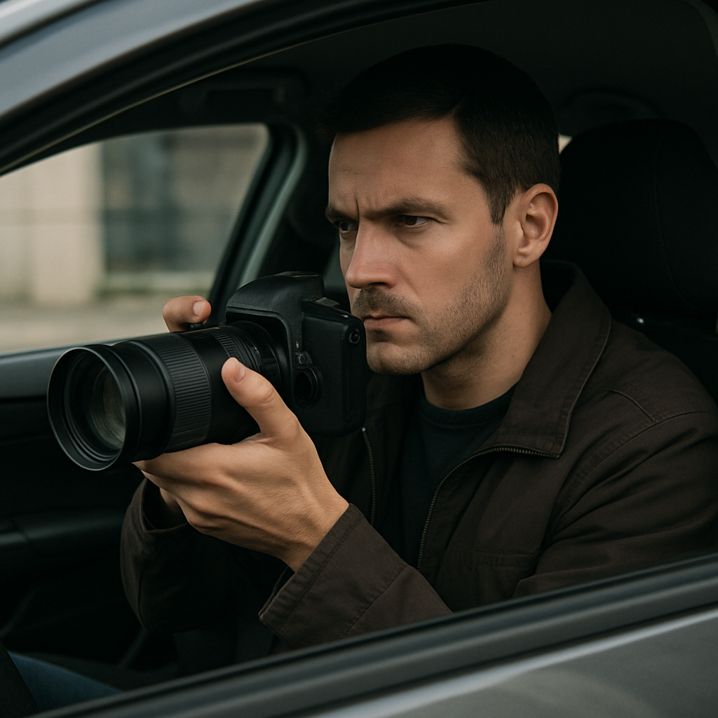 Homem dentro de um carro com uma camera na mão vigiando algo